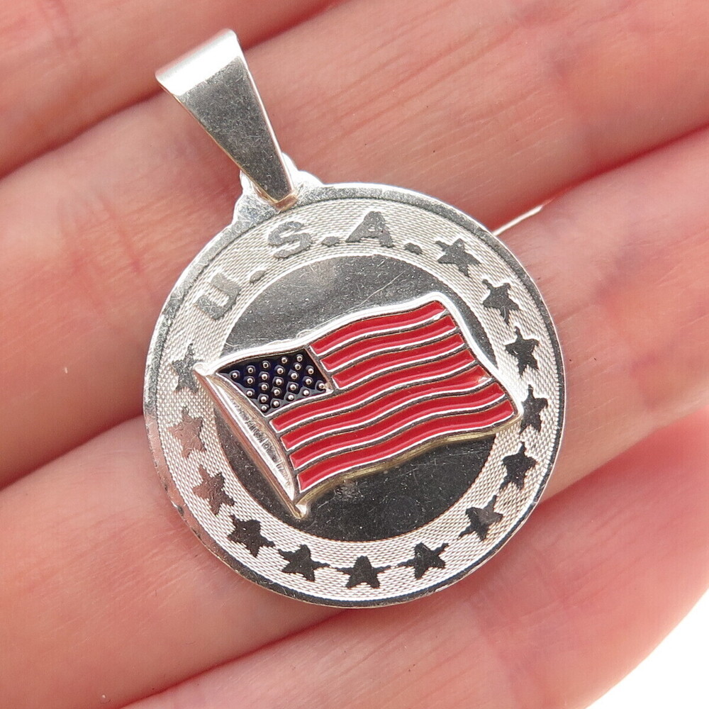 925 Sterling Silver Vintage Enamel USA Flag Round Tag Charm Pendant